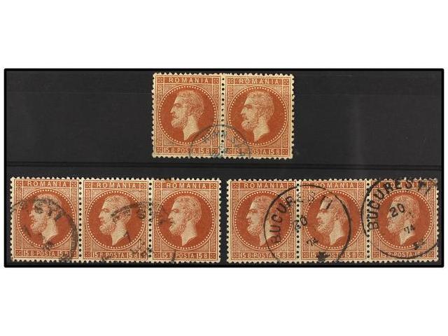 ° RUMANIA. Mi.40 (8). 1872. 15 Bani Red Brown. One Pair And Two Strips Of Three. Fine. - Autres & Non Classés