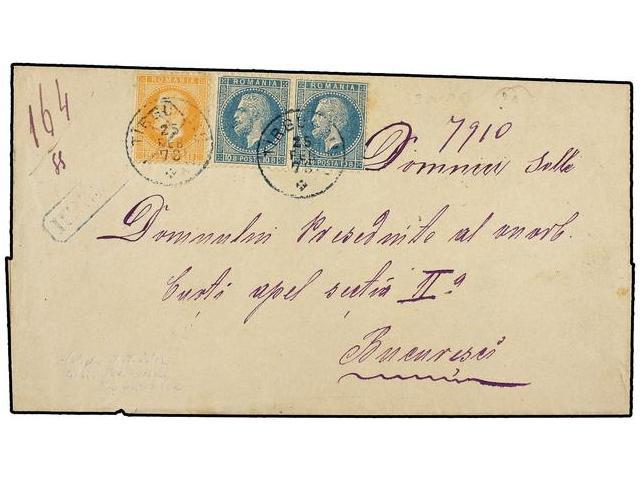 RUMANIA. Mi.41, 45 (2). 1878. Outer Letter Sheet To BUCAREST. 10 Bani Blue (2) And 25 Bani Orange With TURGU... Cds. Reg - Otros & Sin Clasificación