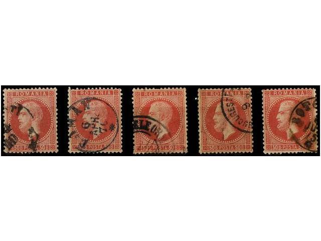 ° RUMANIA. Mi.42 (5). 1872. 50 B. Rose. 5 Stamps Nice Cancels. Michel.250&euro;. - Autres & Non Classés