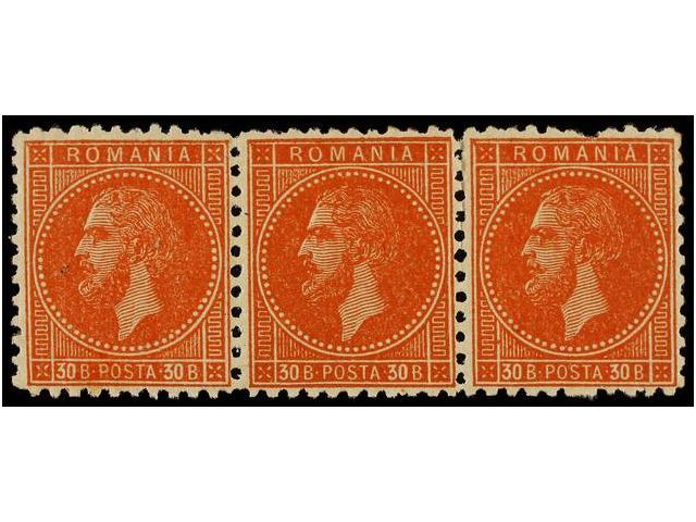 * RUMANIA. Mi.47 (3). 1876. 30 Bani Orange. Strip Of Three, Fresh And Original Gum, One Stamp Perforation Fault. A Rare - Autres & Non Classés