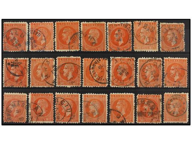 ° RUMANIA. Mi.47 (21). 1876. 30 Bani Orange Red. Lot With 21 Stamps, Nice Cancels. Michel.1.260&euro;. - Autres & Non Classés