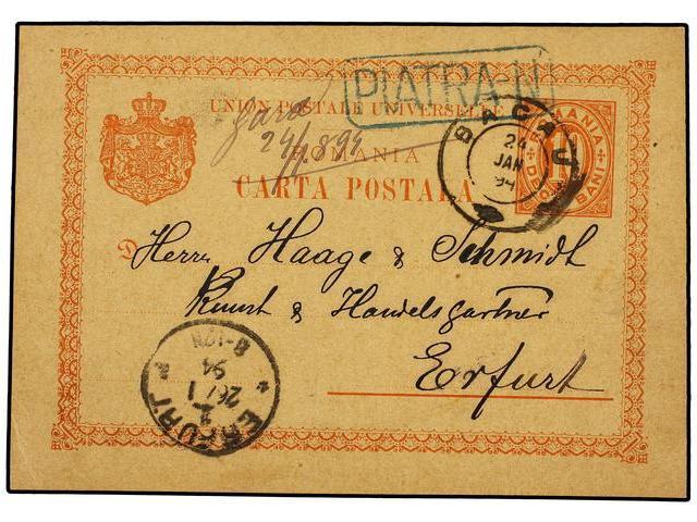 RUMANIA. 1894. PIATRA To GERMANY. 10 Bani Red Stationery Card, Tied With RAILWAY Box Cancel PIATRA-N. Fine. - Autres & Non Classés