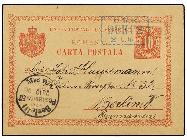 RUMANIA. 1896. BUHUS To GERMANY. 10 Bani Red Stationery Card Tied By RAILWAY Box Cancel C.F.R./BUHUS. Fine. - Autres & Non Classés
