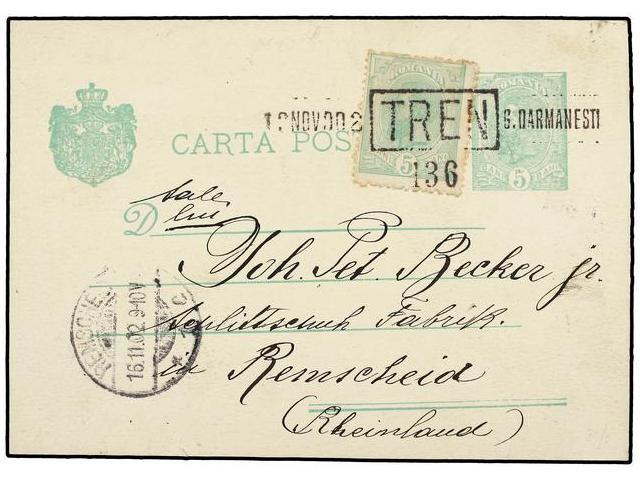 RUMANIA. Mi.132. 1902. DARMANESTI To GERMANY. 5 Bani Green Satationery Card Uprated With 5 Bani Stamp, Tied By RAILWAY C - Autres & Non Classés