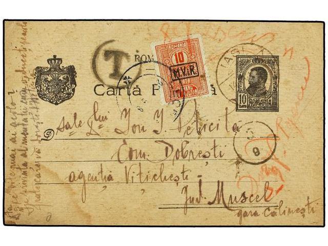 RUMANIA. 1918 (26 Septiembre). MOGOSESTI To MUSCEL. 10 Bani Black Postal Stationary Card Taxed With 10 Bani Red Stamp. - Autres & Non Classés