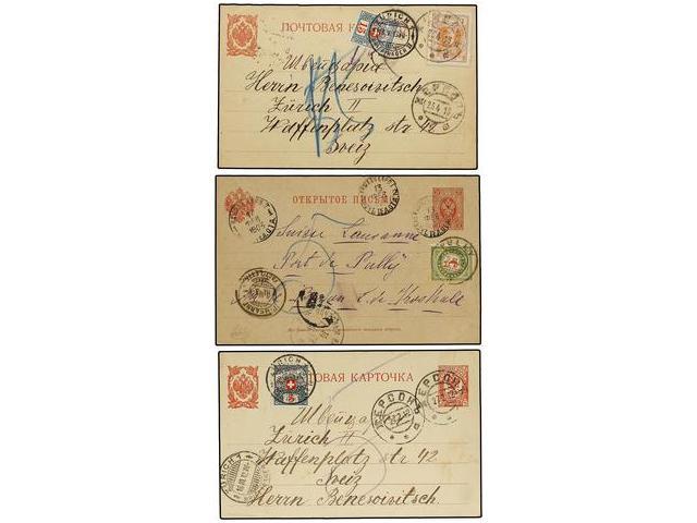 RUSIA. 1903-13. 3 Postal Stationary Cards Taxed With Swiss Stamps. - Autres & Non Classés