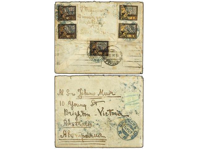 RUSIA. 1922. MOSCOW To VICTORIA (Australia). 5 K. (2) And 10 K. (3). Taxed On Arrival With Australian 1/2 P. Green Stamp - Autres & Non Classés