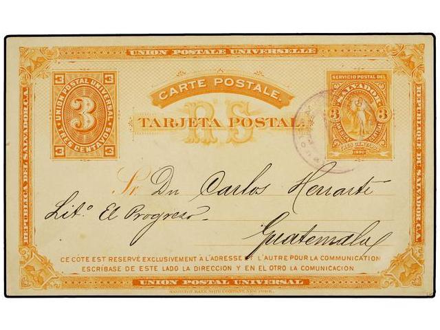 SALVADOR. 1890. SONSONATE A GUATEMALA. Entero Postal De 3 + 3 Ctvos. Naranja, Llegada Al Dorso. - Other & Unclassified