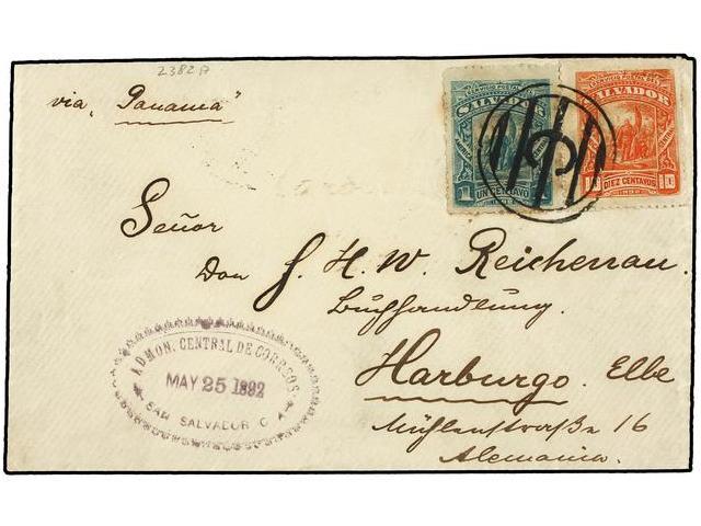 SALVADOR. Sc.60, 64. 1892. SAN SALVADOR A ALEMANIA. 1 Ctvo. Verde Y 10 Ctvos. Rojo. Al Dorso Llegada. - Autres & Non Classés