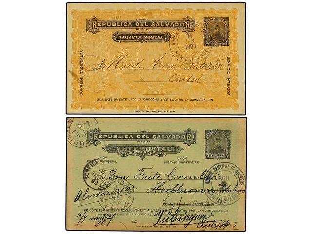 SALVADOR. 1893. Dos Enteros Postales De 2 Ctvos. Negro S. Naranja Y 3 Ctvos. Negro S. Verde Circulados En El Interior Y - Autres & Non Classés