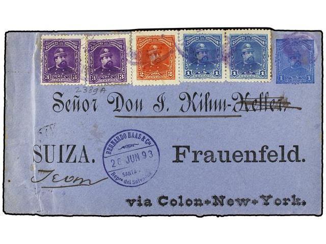 SALVADOR. Sc.76 (2), 77, 78 (2). 1893. SANTA ANA A SUIZA. Entero Postal De 1 Ctvo. Azul Con Franqueo Adicional De 1 Ctvo - Other & Unclassified