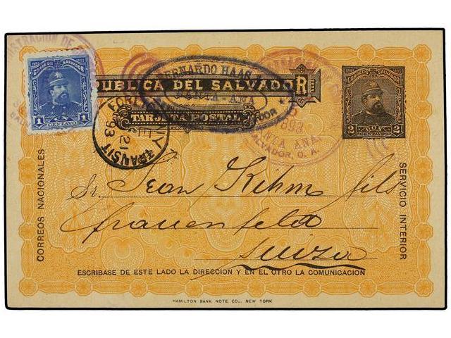 SALVADOR. Sc.76. 1893. SANTA ANA A SUIZA. Entero Postal De 2 Ctvos. Negro Con Franqueo Adicional De 1 Ctvo. Azul. Transi - Autres & Non Classés