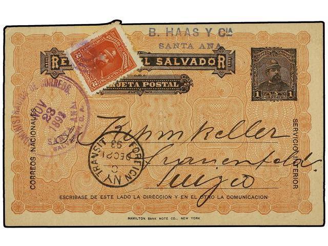 SALVADOR. Sc.77. 1893. SANTA ANA A SUIZA. Entero Postal De 1 Ctvo. Con Franqueo Adicional De 2 Ctvos. Castaño Rojo. Tran - Autres & Non Classés