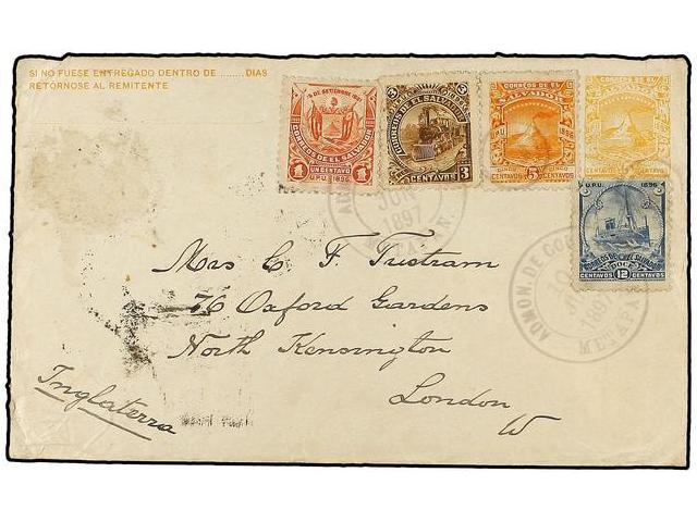 SALVADOR. 1897. 5 C. Postal Stationery Envelope (H & G 62b) Used To LONDON Uprated By 1 C., 3 C., 5 C. & 12 C. The 26 C. - Autres & Non Classés