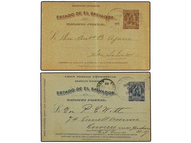 SALVADOR. 1899-1900. Dos Enteros Postales De 2 Ctvos. Castaño (doblez Vertical) Y Doble De 3 + 3 Ctvos. Circulados En El - Autres & Non Classés