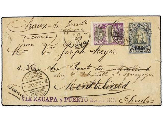 SALVADOR. Sc.361. 1909. SAN SALVADOR A FRANCIA. Entero Postal De 5 Ctvos. Azul Con Franqueo Adicional De 12 Ctvos. Lila - Autres & Non Classés