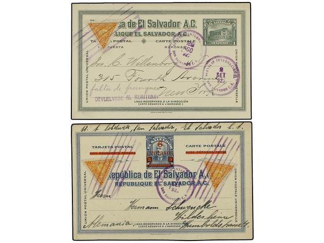 SALVADOR. 1922-27. Dos Enteros Postales De 1 Ctvo. Verde Y 6 Ctvos. S. 5 Ctvos. Azul Con Franqueo Adicional De 5 Ctvos. - Autres & Non Classés