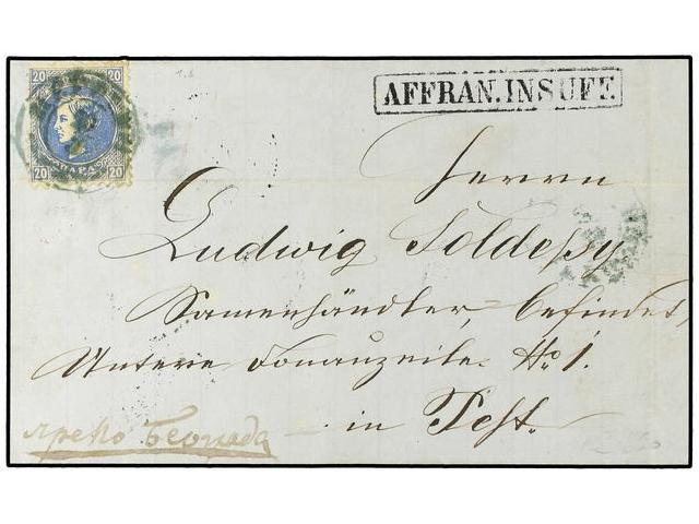 SERBIA. 1870 (March 19). Cover To Pest, Hungary Franked At Internal Rate Only With Milan 20pa Blue Tied By Green Cds, Fr - Altri & Non Classificati