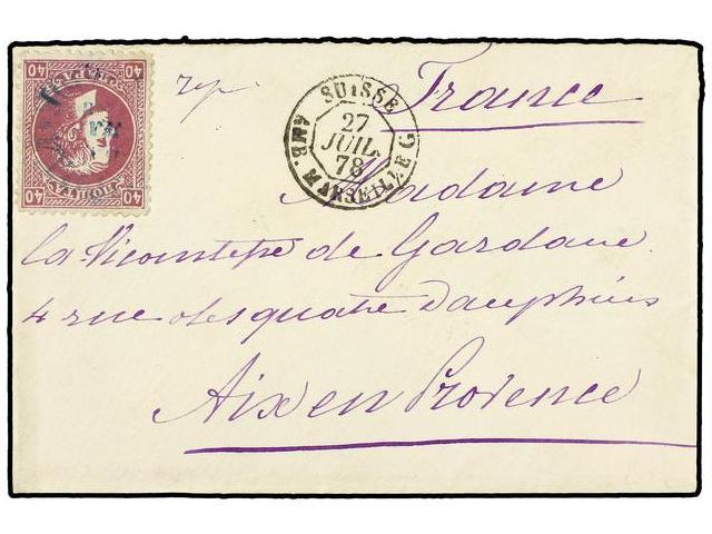 SERBIA. Sg.44. 1878. Cover From BELGRADE To FRANCE Franked By 1869-80 Milan 40p. Mauve, Perf. 12 (printing Of 1876), Tie - Autres & Non Classés