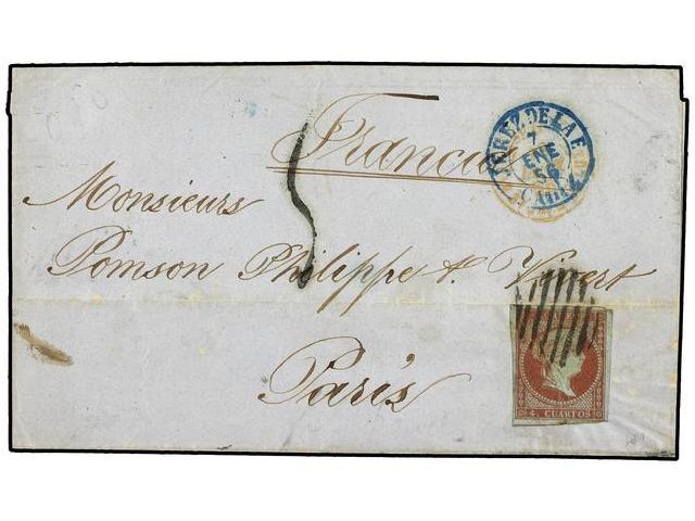 ESPAÑA. Ed.40. 1856. JEREZ A PARÍS. 4 Cuartos Rojo Circulada A Francia Antes Del Convenio Postal. RARA. - Autres & Non Classés