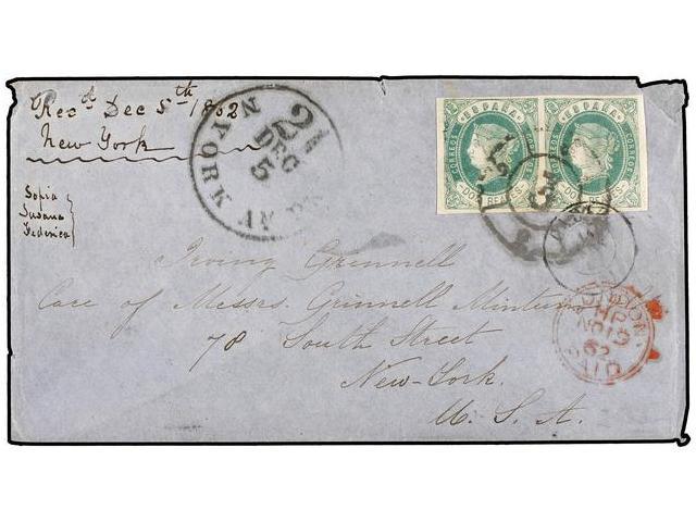 ESPAÑA. Ed.62 (2). 1862. CADIZ A NEW YORK. 2 Reales Verde (2), Mat.R.C. 3, Carta Completa Con Texto. Circulada Vía Ingla - Autres & Non Classés