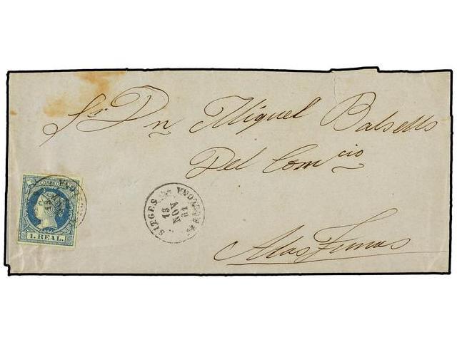 ESPAÑA. Ed.55. 1861. SITGES A LAS TUNAS (Cuba). 1 Real Azul, Mat. Fechador SITGES/BARCELONA. - Autres & Non Classés