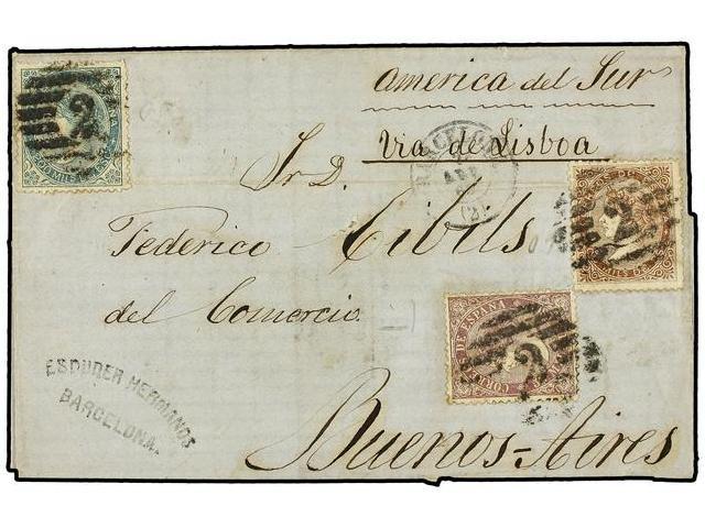 ESPAÑA. Ed.98, 99, 100. 1869. BARCELONA A BUENOS AIRES. 50 Mils. Violeta, 100  Mils. Castaño Y 200 Mils. Verde. Criculad - Autres & Non Classés