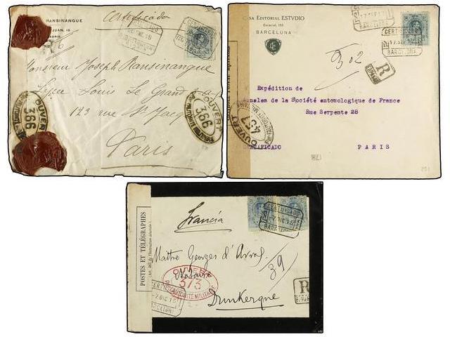 ESPAÑA. Ed.274, 277. 1915-18. 3 Cartas CERTIFICADAS A FRANCIA Con Franqueos De 25 + 25 Cts. Y 50 Cts. Y Censuras Militar - Autres & Non Classés