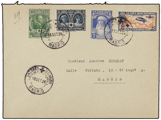 ESPAÑA. Ed.326, 328, 329, 341. 1926. MADRID Correo Interior. 2 Cts., 10 Cts., 15 Cts. (2), Mat. VALORES DECLARADOS/CRUZ - Autres & Non Classés