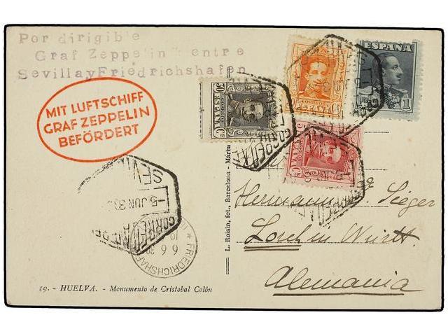 ESPAÑA. Ed.311, 318, 320, 321. 1930 (5 Junio). SEVILLA A ALEMANIA. Tarjeta Postal Con Franqueo De 5, 30, 50 Cts. Y 1 Pta - Autres & Non Classés