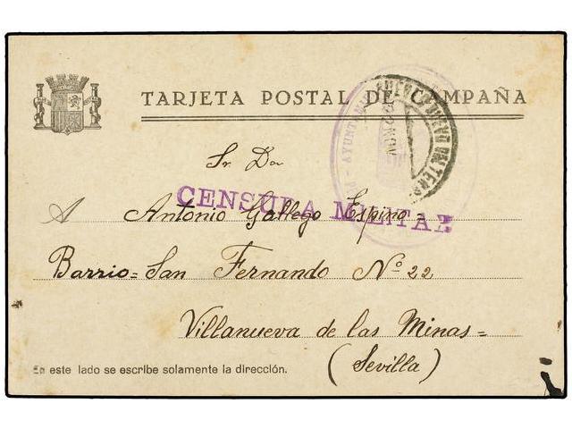 ESPAÑA GUERRA CIVIL. 1936 (22-11). PEÑARROYA PUEBLO NUEVO (Cordoba) A VILLANUEVA DE LAS MINAS (Sevilla). Tarjeta Postal - Autres & Non Classés