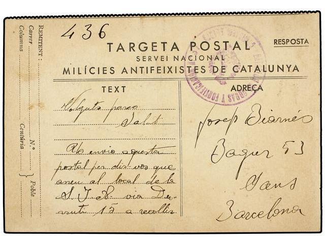 ESPAÑA GUERRA CIVIL. (1937 CA.). Tarjeta Postal Milicias Antifascistas De RESPOSTA. (Rara Circulada) Enviada Desde El Fr - Autres & Non Classés