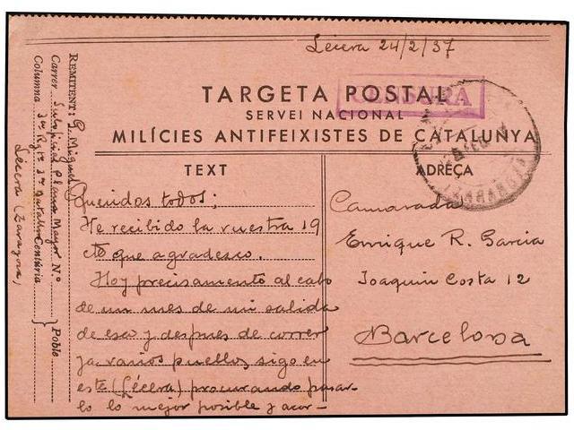 ESPAÑA GUERRA CIVIL. 1937 (24 Febrero). LECERA (Zaragoza) A BARCELONA. Tarjeta Postal De Campaña Escrita Por Un Soldado - Autres & Non Classés