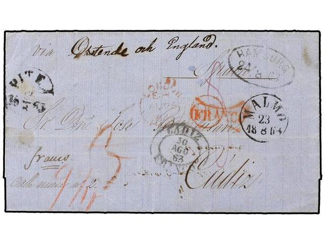 SUECIA. 1863. PITEA (Suecia) To CADIZ (Spain). Unfranked Letter Sent Via Malmo, Hamburg, London, Ostende. Arrival Oval C - Autres & Non Classés