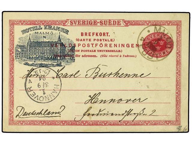 SUECIA. 1894. Illustrated Advertising 10 Ore Postal Stationery Card For Hotel Kramer, Malmo, Sent To Hannover, Germany. - Otros & Sin Clasificación