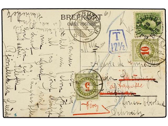 SUECIA. 1908. BJORNLUNDA To SWITZERLAND. 5 Ore Green, Taxed On Arrival With Swiss 5 And 10 Rp. Green And Red Stamps. - Autres & Non Classés