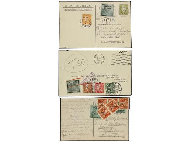 SUECIA. 1918-35. Conjunto De 3 Cartas O Tarjetas Circuladas Desde El Extranjero, Tasadas A La Llegada Con Sellos De Suec - Autres & Non Classés