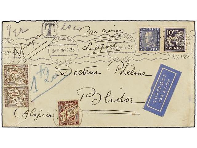 SUECIA. 1935. STOCKHOLM To ALGERIA. 10 Ore Violet And 25 Ore Blue, Taxed On Arrival With Algerian 10 Cts. Brown (2) And - Autres & Non Classés