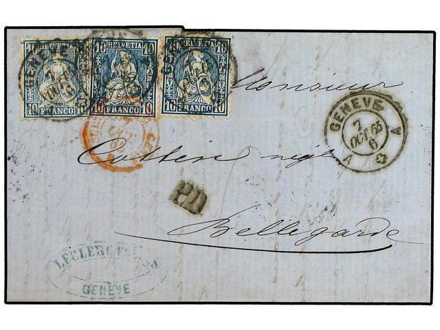 SUIZA. 1865. Entire Letter To BELLGARDE Franked By Two Shades Of 1862 10 C. Pale Blue And 2x10 C. Deep Blue Tied By GENE - Altri & Non Classificati