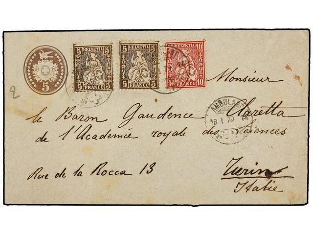 SUIZA. 1879. Envelope 5 Rp. Brown Uprated 5 Cts. Brown (2) And 10 Rp. Red Cancelled AMBULANT/Nº10 Cds. - Otros & Sin Clasificación