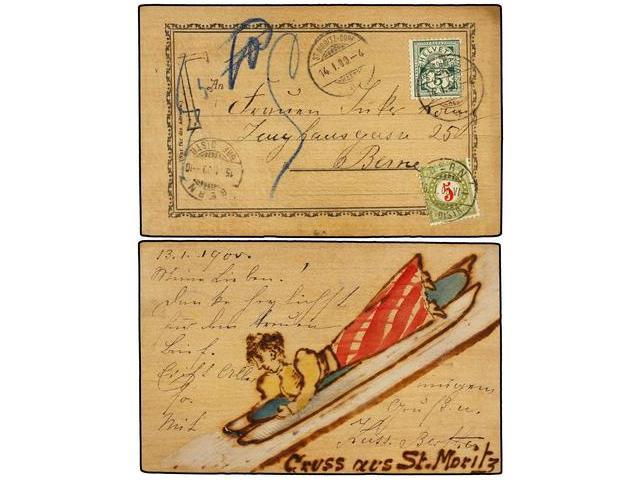 SUIZA. 1900. Wood Special Card Skii From T. MORITZ To BERNE. 5 Rp. Green Taxed With 5 Rp. Green And Red Stamp. - Andere & Zonder Classificatie