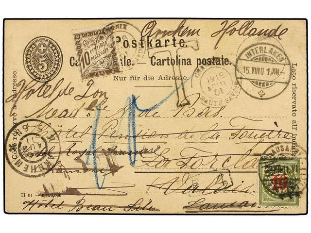 SUIZA. 1910. Multiredirected Postal Stationary Of 5 Rp. Taxed With French 10 Cts. Brown Stamp And Swiss 15 Rp. Green And - Andere & Zonder Classificatie