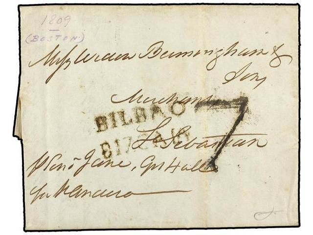 ESTADOS UNIDOS. 1809 (29 Julio). BOSTON To SAN SEBASTIAN (Spain). Entire Letter Send Privately And Entry Into The Mail B - Autres & Non Classés