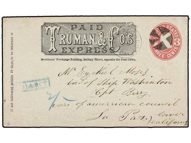 ESTADOS UNIDOS. (1860 CA.). SAN FRANCISCO To LA PAZ (California).3 Cents. Pink Envelope PAID TRUMAN & CO´S EXPRESS. - Otros & Sin Clasificación