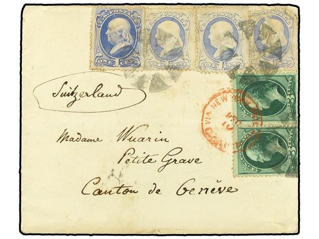 ESTADOS UNIDOS. Yv.156(4),158. 1873. NEW YORK A GENEVE. 1 Cent. Azul (3) (un Sello Defecto En Origen) Y 1 Cent. Azul Ult - Autres & Non Classés