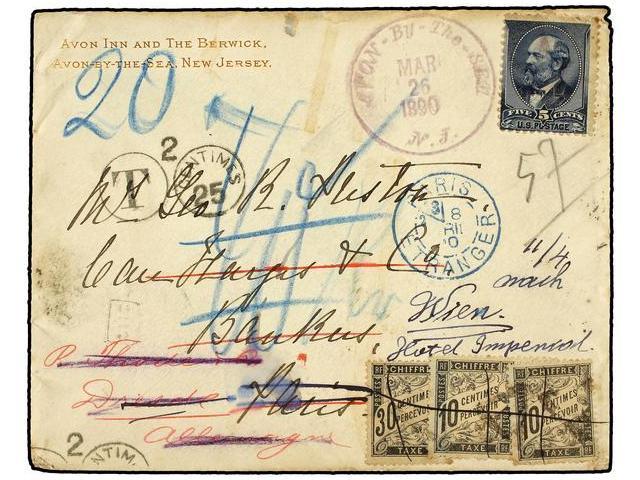 ESTADOS UNIDOS. 1890. AVON BY THE SEA To FRANCE. 5 Cents Blue (light Fault) Taxed On Arrival With French 10 Cts. (2) And - Autres & Non Classés