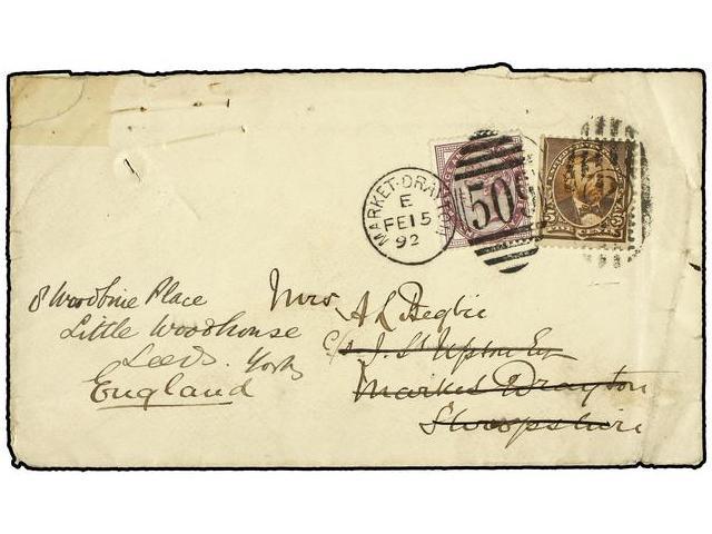 ESTADOS UNIDOS. 1892. U.S.A. To MARKET DRAYTON (Great Britain). 5 Cents Brown Redirected To LEEDS With British 1p. Lilac - Autres & Non Classés