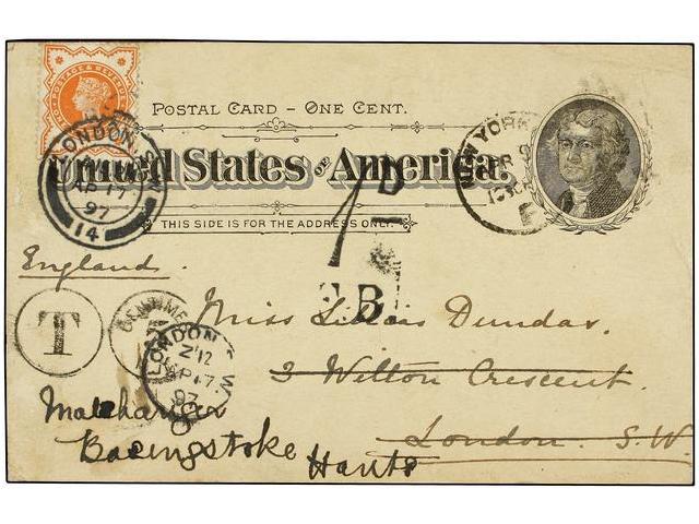 ESTADOS UNIDOS. 1897. NEW YORK To LONDON. 1 Cent Black Postcard Redirected With Great Britain 1 1/2 P. Orange Stamp. - Autres & Non Classés