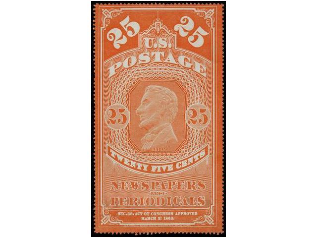 (*) ESTADOS UNIDOS. Sc.PR3. 1865. NEWSPAPERS. 25 Cents. Orange, Usual Without Gum. Without Faults. RARE. Scott.400$. - Autres & Non Classés