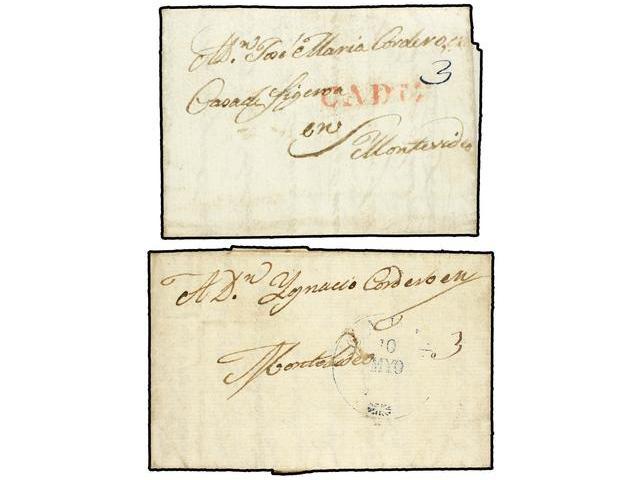 URUGUAY. 1839-40. DOS Cartas Circuladas De CADIZ (España) A MONTEVIDEO, Tasados Con ´3´ Reales. Inusual Destinacion Desp - Autres & Non Classés